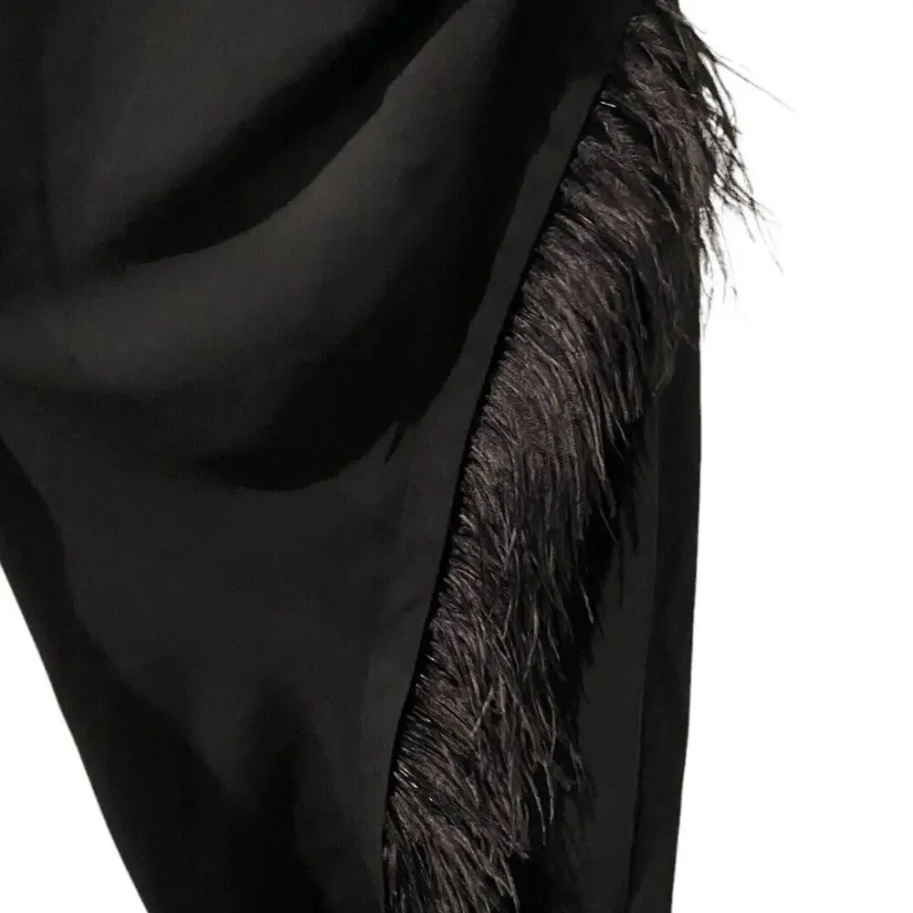 Derek Lam 10 Crosby Nellie Black Cowl Neck Feather Trim Midi Dress Size 2 NWT - Picture 9 of 12